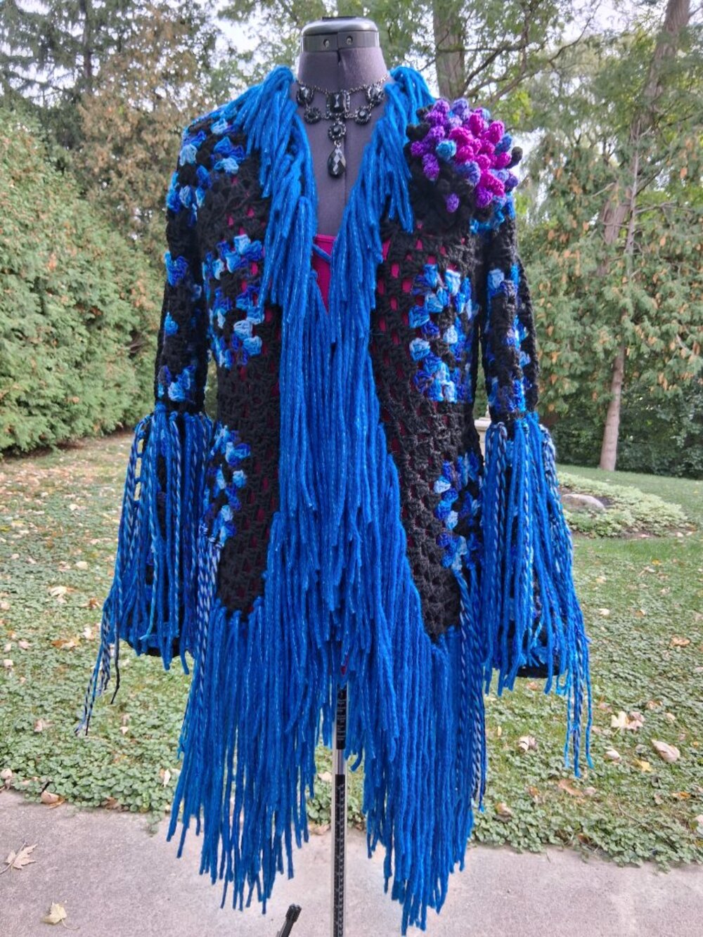 Black and Blue Fringe Granny Square Sweater Size L/XL - Picture 3 of 14